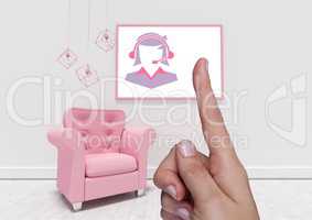 Hand pointing with customer service headset woman icon