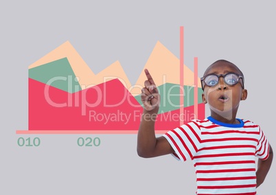 Boy pointing up with colorful chart statistics