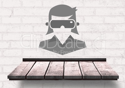 Businesswoman VR headset icon on wall with shelf Businesswoman VR headset icon on wall with shelf