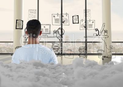 Teenager standing looking at doodle in office with clouds behind him