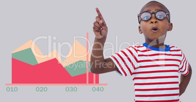 Boy pointing up with colorful chart statistics