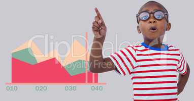 Boy pointing up with colorful chart statistics