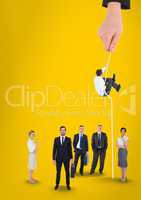 Hand choosing a man with a rope on a yellow background with business people