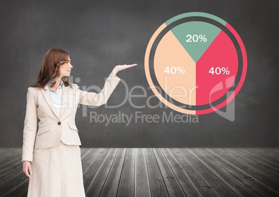 Businesswoman opening hand with colorful chart statistics circle in room