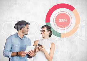 Man and woman holding devices with colorful chart statistics