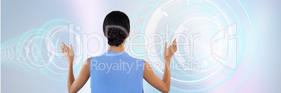 Woman touching blue circle interfaces