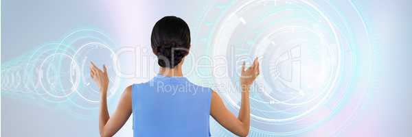 Woman touching blue circle interfaces