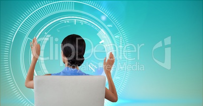 Sitting woman touches circle interface