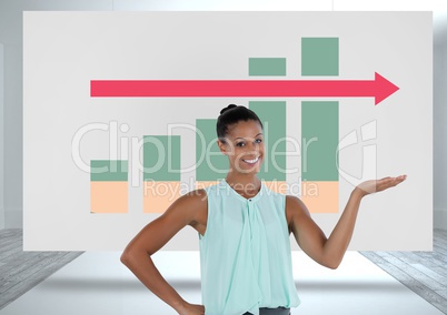 Businesswoman presenting with colorful chart statistics arrow on white board