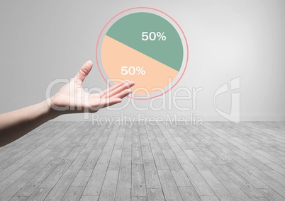 Hand open with colorful chart statistics 50 percent half