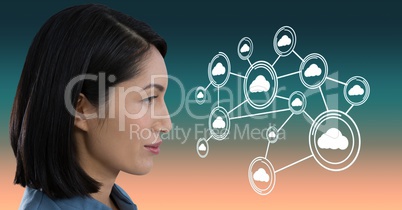 Woman looking at interface with gradient background