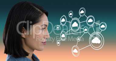 Woman looking at interface with gradient background