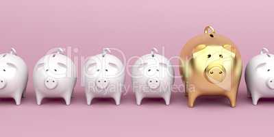 Row with piggy banks on pink background