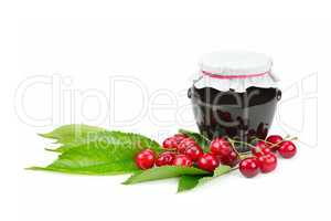 Cherries and jars of jam isolated on a white background