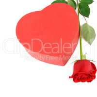 Gift box in the form of heart and scarlet rose isolated on white