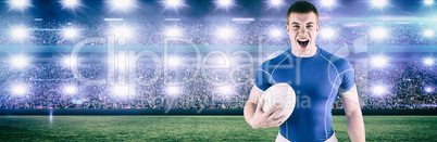 Composite image of yelling out rugby player holding rugby ball