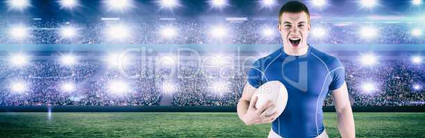 Composite image of yelling out rugby player holding rugby ball