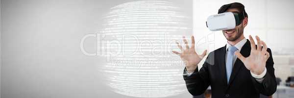 Composite image of happy businessman with vr glasses gesturing against white background