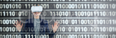 Composite image of happy businesswoman gesturing while wearing vr glasses