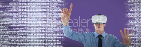 Composite image of businessman gesturing while wearing futuristic glasses