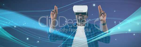 Composite image of man gesturing while using virtual reality headset
