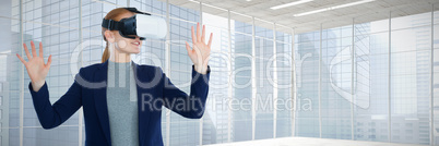 Composite image of young businesswoman gesturing while wearing vr glasses