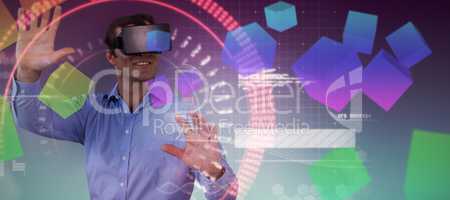 Composite image of smiling businessman gesturing while wearing vr glasses