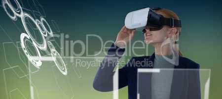 Composite image of young businesswoman wearing vr glasses