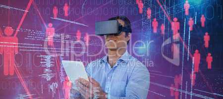 Composite image of businessman with tablet sitting on chair while using vr glasses