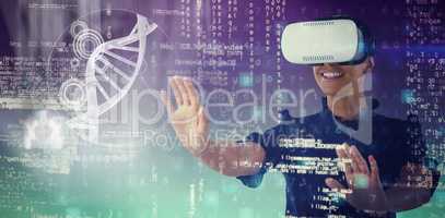 Composite image of woman gesturing while using virtual reality headset