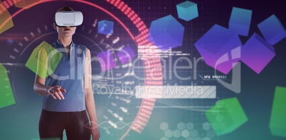 Composite image of businesswoman gesturing while wearing virtual reality glasses