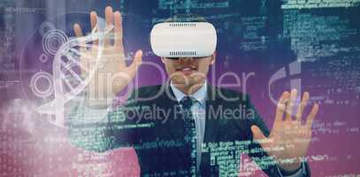 Composite image of businessman gesturing while wearing vr glasses