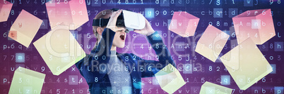Composite image of surprised young businesswoman wearing vr glasses