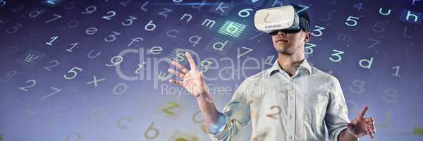 Composite image of man using virtual reality headset