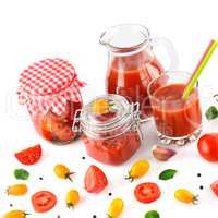 Tomato juice, ketchup and tomato isolated on white background.