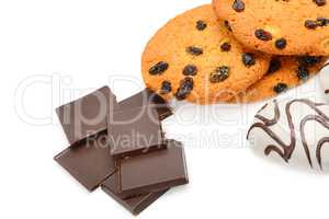 Biscuits and chocolate isolated on white background.