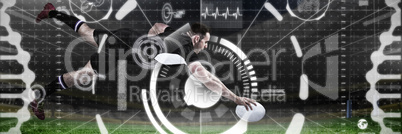 Composite image of full length of rugby player scoring goal