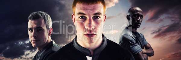 Composite image of portrait of young rugby player