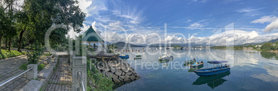 Panorama beautiful photography mountain, cloudscape, boat on lak