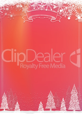 Christmas red background with snowflake and xmas tree border