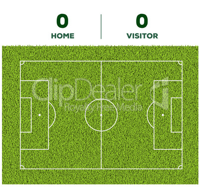 Soccer line, game score display and green grass field background