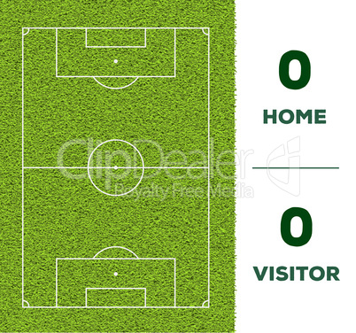 Soccer line, game score display and green grass field background