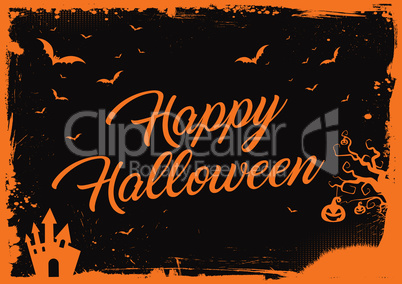 Happy Halloween orange text with bats, pumpkin, house border