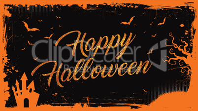 Happy Halloween orange text with bats, pumpkin, house border