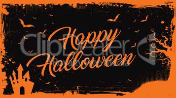 Happy Halloween orange text with bats, pumpkin, house border