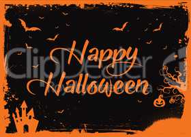 Happy Halloween orange text with bats, pumpkin, house border