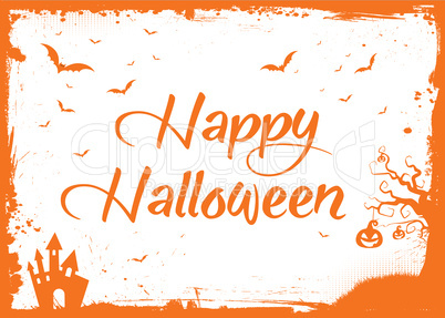 Happy Halloween orange text with bats, pumpkin, house border