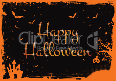 Happy Halloween glitter orange text with bats, pumpkin, house bo