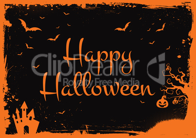 Happy Halloween glitter orange text with bats, pumpkin, house bo