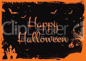 Happy Halloween glitter orange text with bats, pumpkin, house bo